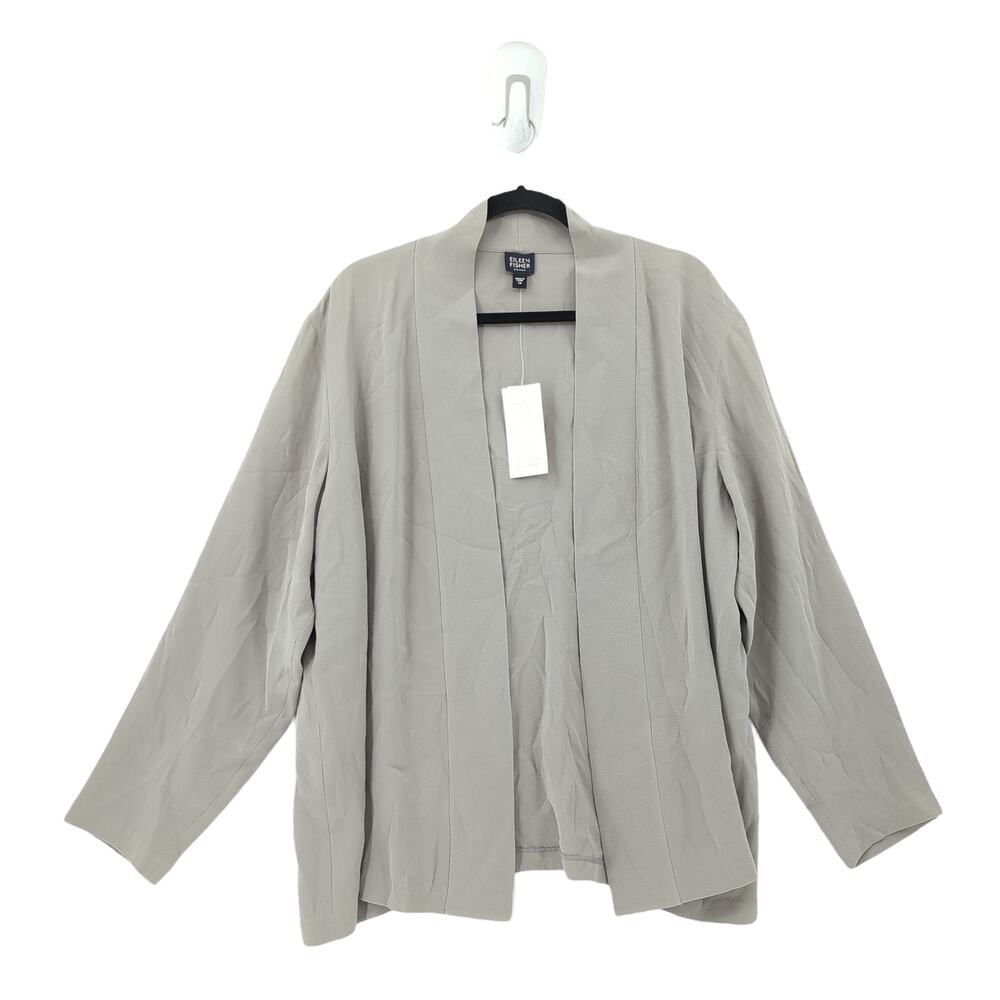 Eileen Fisher Women 1x Silk Georgette Kimono Jacket Stone Gray Heavyweight FLAW